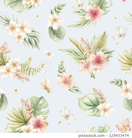 Tropical Hibiscus Plumeria Heliconia Flowers Exotic green plants Watercolor hand painted summer seamless pattern on blue background for cute nursery wall kids baby cloth textile fabric wrapping paper 129433474