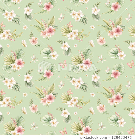 Tropical Hibiscus Plumeria Heliconia Flowers Exotic green plants Watercolor hand painted summer seamless pattern on sage background for cute nursery wall kids baby cloth textile fabric wrapping paper 129433475