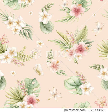 Tropical Hibiscus Plumeria Heliconia Flowers Exotic green plants Watercolor hand painted summer seamless pattern on pink background for cute nursery wall kids baby cloth textile fabric wrapping paper 129433476