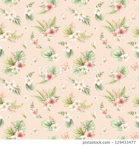 Tropical Hibiscus Plumeria Heliconia Flowers Exotic green plants Watercolor hand painted summer seamless pattern on pink background for cute nursery wall kids baby cloth textile fabric wrapping paper 129433477