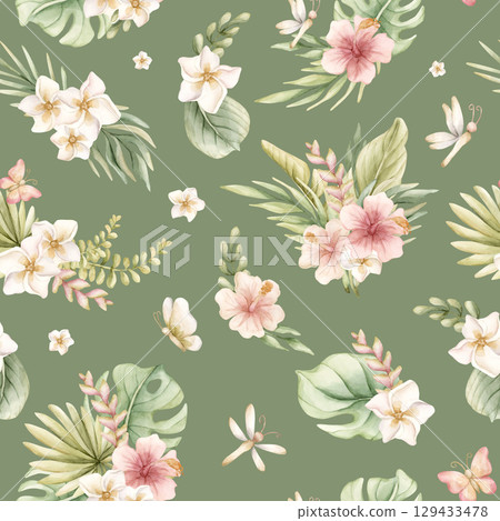 Tropical Hibiscus Plumeria Heliconia Flowers Exotic green plants Watercolor hand painted summer seamless pattern on sage background for cute nursery wall kids baby cloth textile fabric wrapping paper 129433478