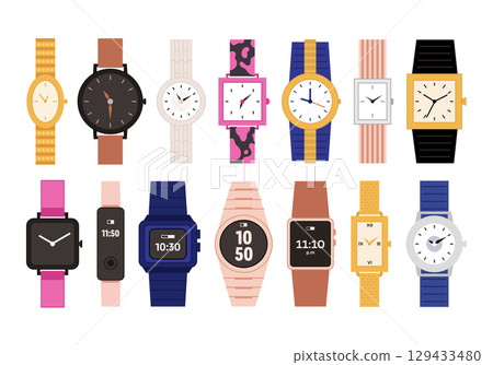 Wrist watch set vector flat illustration. Cartoon isolated fashion wristwatch collection with expensive luxury gold clock, classic female and male mechanical accessory, smartwatch with digital display 129433480
