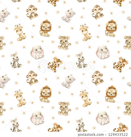 Cute Tropical Safari Jungle Animals and Flowers Watercolor hand painted summer pastel neutral seamless pattern on white background for cute nursery kids baby cloth textile fabric wrapping paper 129433522