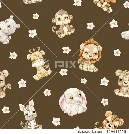 Cute Tropical Safari Jungle Animals and Flowers Watercolor hand painted summer pastel neutral seamless pattern on brown background for cute nursery kids baby cloth textile fabric wrapping paper 129433526