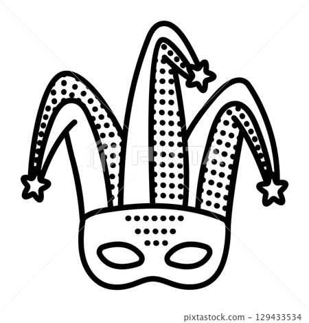 Jester masquerade mask with a hat, harlequin costume part, single vector black line icon 129433534