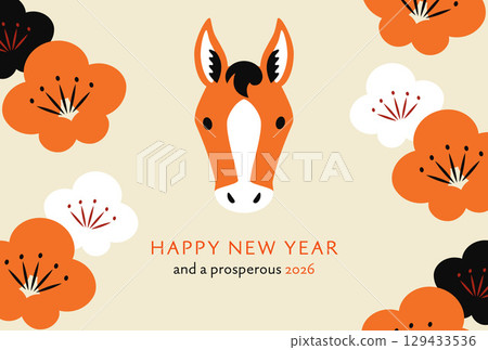 2026 Year of the Horse: Stylish New Year's card featuring a horse and plum blossoms 129433536