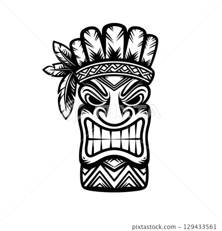 Tiki totem mask, Hawaiian indigenous vintage ritual mack.  Hawaiian totems made wood and stone for bars and resorts for paradise holidays. Vector illustration 129433561