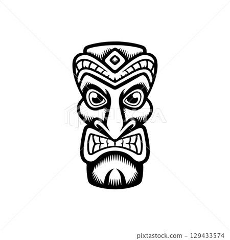 Tiki totem mask, Hawaiian indigenous vintage ritual mack.  Hawaiian totems made wood and stone for bars and resorts for paradise holidays. Vector illustration 129433574