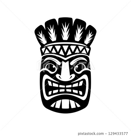 Tiki totem mask, Hawaiian indigenous vintage ritual mack. Hawaiian totems made wood and stone for bars and resorts for paradise holidays. Vector illustration Tiki totem mask, Hawaiian indigenous vintage ritual mack. Hawaiian totems made wood and stone for bars and resorts for paradise holidays. Vector illustration 129433577