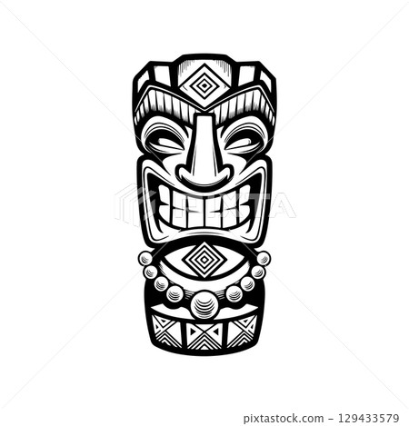 Tiki totem mask, Hawaiian indigenous vintage ritual mack.  Hawaiian totems made wood and stone for bars and resorts for paradise holidays. Vector illustration 129433579