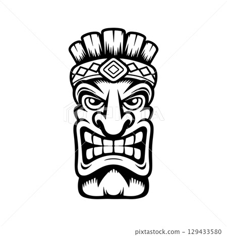 Tiki totem mask, Hawaiian indigenous vintage ritual mack.  Hawaiian totems made wood and stone for bars and resorts for paradise holidays. Vector illustration 129433580