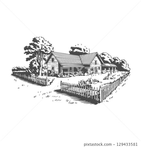 Retro engraving illustration of house in the village. Vector illustration 129433581
