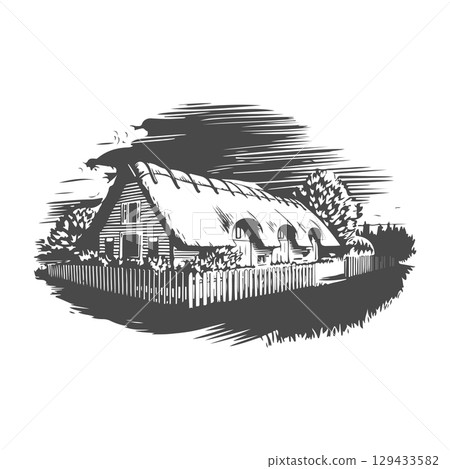 Retro engraving illustration of house in the village. Vector illustration 129433582