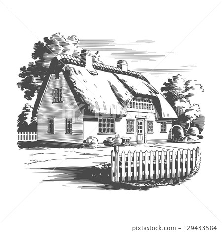 Retro engraving illustration of house in the village. Vector illustration 129433584