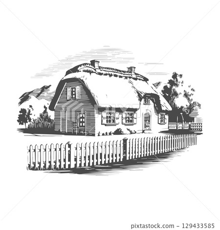 Retro engraving illustration of house in the village. Vector illustration 129433585