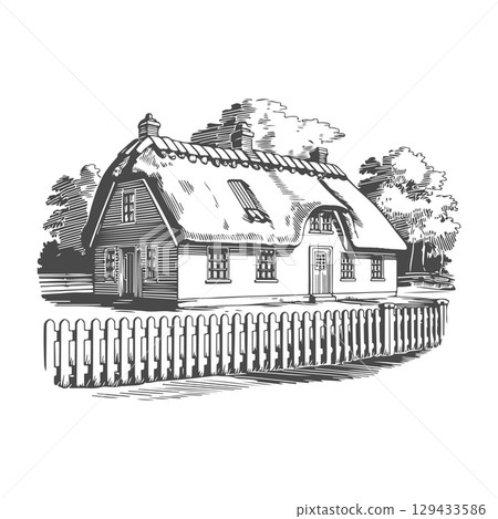 Retro engraving illustration of house in the village. Vector illustration Retro engraving illustration of house in the village. Vector illustration 129433586