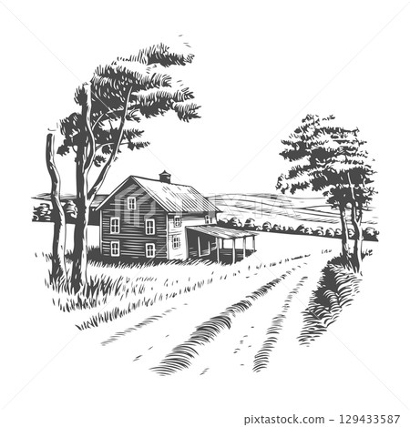 Retro engraving illustration of house in the village. Vector illustration Retro engraving illustration of house in the village. Vector illustration 129433587