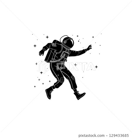 Illustration of an spaceman. Spaceman figure flying in space. Design element for emblem, sign, poster, label. 129433685