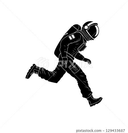 Illustration of an spaceman. Spaceman figure flying in space. Design element for emblem, sign, poster, label. 129433687