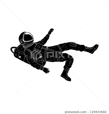 Illustration of an spaceman. Spaceman figure flying in space. Design element for emblem, sign, poster, label. 129433688