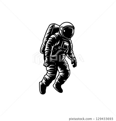 Illustration of an spaceman. Spaceman figure flying in space. Design element for emblem, sign, poster, label. Illustration of an spaceman. Spaceman figure flying in space. Design element for emblem, sign, poster, label. 129433693