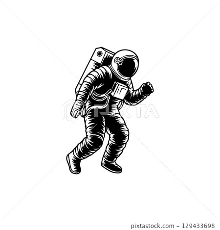 Illustration of an spaceman. Spaceman figure flying in space. Design element for emblem, sign, poster, label. 129433698