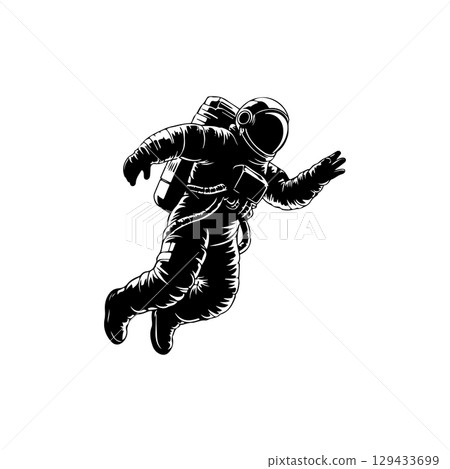Illustration of an spaceman. Spaceman figure flying in space. Design element for emblem, sign, poster, label. 129433699