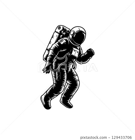 Illustration of an spaceman. Spaceman figure flying in space. Design element for emblem, sign, poster, label. Illustration of an spaceman. Spaceman figure flying in space. Design element for emblem, sign, poster, label. 129433706
