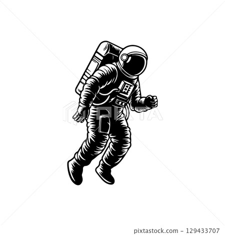 Illustration of an spaceman. Spaceman figure flying in space. Design element for emblem, sign, poster, label. Illustration of an spaceman. Spaceman figure flying in space. Design element for emblem, sign, poster, label. 129433707