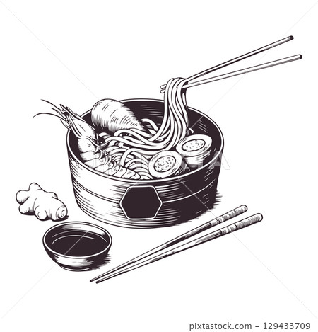 Vintage engraving illustration of sushi. Healthy breakfast with sushi, ramen, shrimps. Vector illustration 129433709