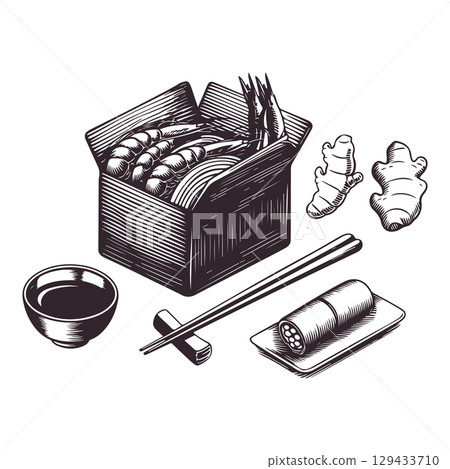 Vintage engraving illustration of sushi. Healthy breakfast with sushi, ramen, shrimps. Vector illustration 129433710