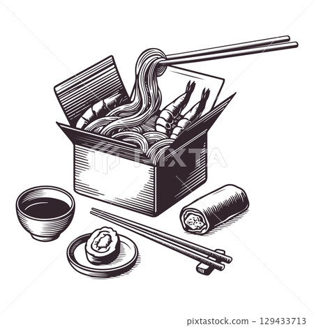 Vintage engraving illustration of sushi. Healthy breakfast with sushi, ramen, shrimps. Vector illustration 129433713