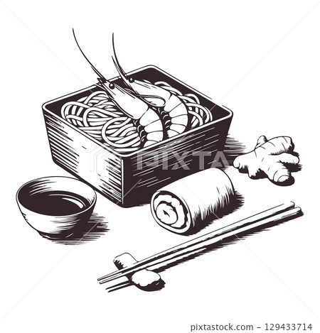 Vintage engraving illustration of sushi. Healthy breakfast with sushi, ramen, shrimps. Vector illustration 129433714