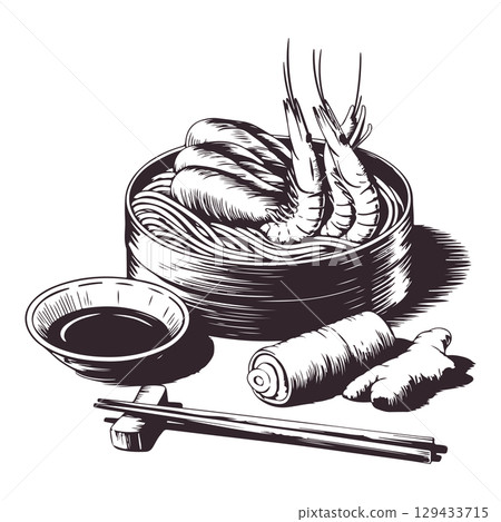 Vintage engraving illustration of sushi. Healthy breakfast with sushi, ramen, shrimps. Vector illustration 129433715