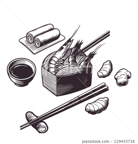 Vintage engraving illustration of sushi. Healthy breakfast with sushi, ramen, shrimps. Vector illustration 129433716