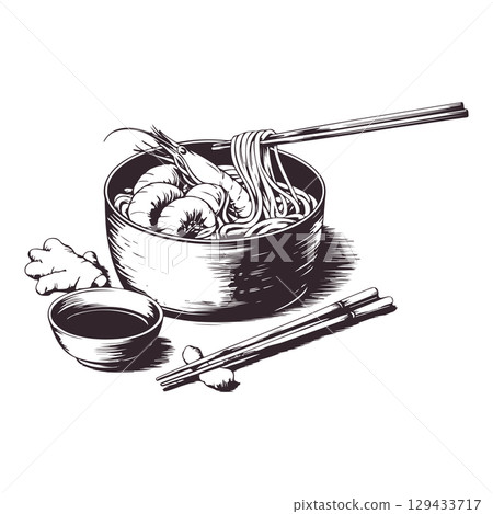 Vintage engraving illustration of sushi. Healthy breakfast with sushi, ramen, shrimps. Vector illustration 129433717