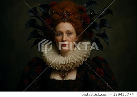 Elizabethan Lady of the Court in Ornate Ruff and Jewel-Adorned Wig 129433774