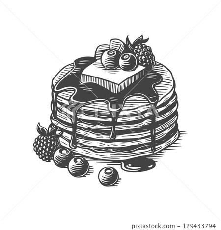 Vintage engraving illustration of pancakes with syrup, butter, berries, honey. Healthy breakfast with pancakes. Vector illustration 129433794