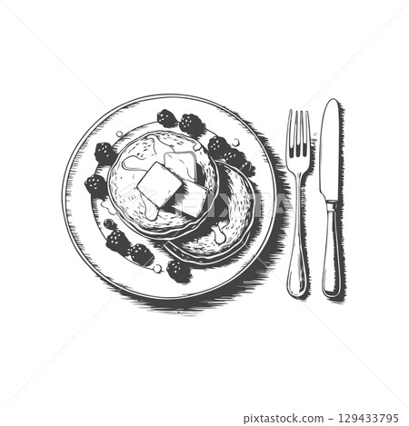 Vintage engraving illustration of pancakes with syrup, butter, berries, honey. Healthy breakfast with pancakes. Vector illustration 129433795