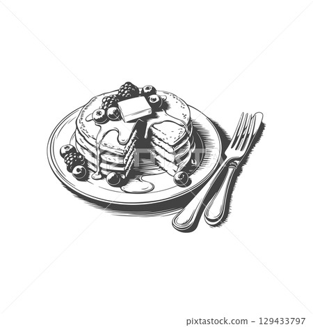 Vintage engraving illustration of pancakes with syrup, butter, berries, honey. Healthy breakfast with pancakes. Vector illustration 129433797