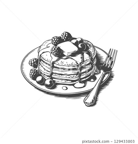 Vintage engraving illustration of pancakes with syrup, butter, berries, honey. Healthy breakfast with pancakes. Vector illustration 129433803