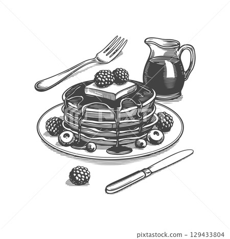 Vintage engraving illustration of pancakes with syrup, butter, berries, honey. Healthy breakfast with pancakes. Vector illustration Vintage engraving illustration of pancakes with syrup, butter, berries, honey. Healthy breakfast with pancakes. Vector illustration 129433804