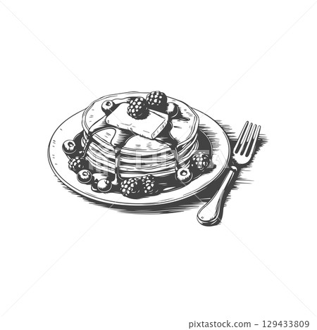 Vintage engraving illustration of pancakes with syrup, butter, berries, honey. Healthy breakfast with pancakes. Vector illustration 129433809