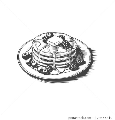 Vintage engraving illustration of pancakes with syrup, butter, berries, honey. Healthy breakfast with pancakes. Vector illustration 129433810
