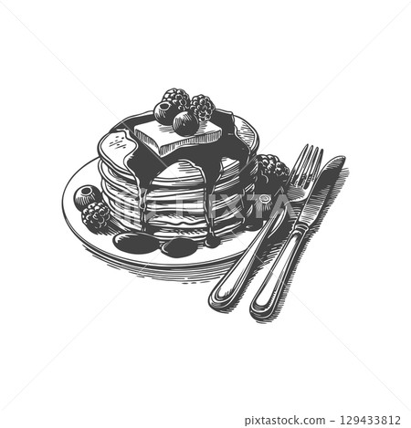 Vintage engraving illustration of pancakes with syrup, butter, berries, honey. Healthy breakfast with pancakes. Vector illustration 129433812