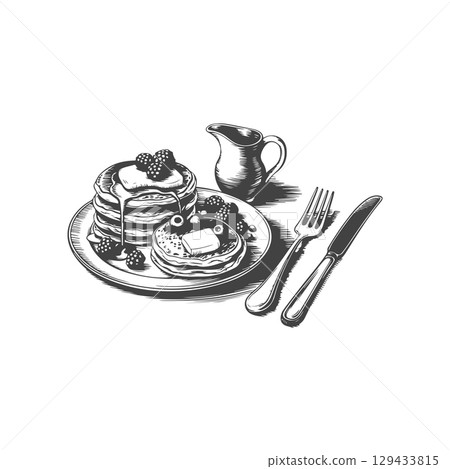 Vintage engraving illustration of pancakes with syrup, butter, berries, honey. Healthy breakfast with pancakes. Vector illustration Vintage engraving illustration of pancakes with syrup, butter, berries, honey. Healthy breakfast with pancakes. Vector illustration 129433815