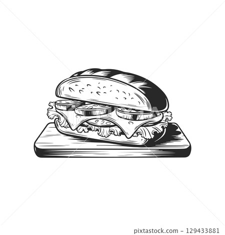 Illustration of Sandwich isolated on white background. Emblem with sandwich. Vector illustration Illustration of Sandwich isolated on white background. Emblem with sandwich. Vector illustration 129433881