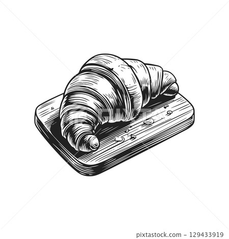 Vintage engraving illustration of croissant. Emblem with croissant. Vector croissant illustration 129433919