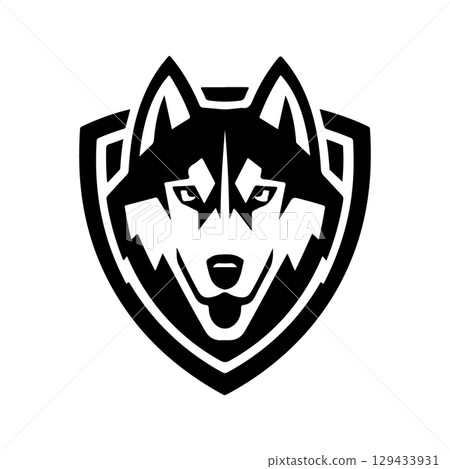 Husky head illustration isolated on white background. Emblem template with Husky dog. Design element for emblem, sign, poster, label. 129433931
