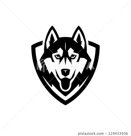 Husky head illustration isolated on white background. Emblem template with Husky dog. Design element for emblem, sign, poster, label. 129433936